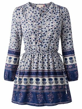 Pink Chicken Floral Boho Dress Blue Border Cotton Girls 7/8